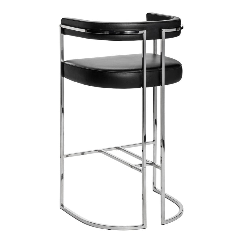 Black leather bar stool with sleek chrome frame and minimalist design, perfect for modern decor.