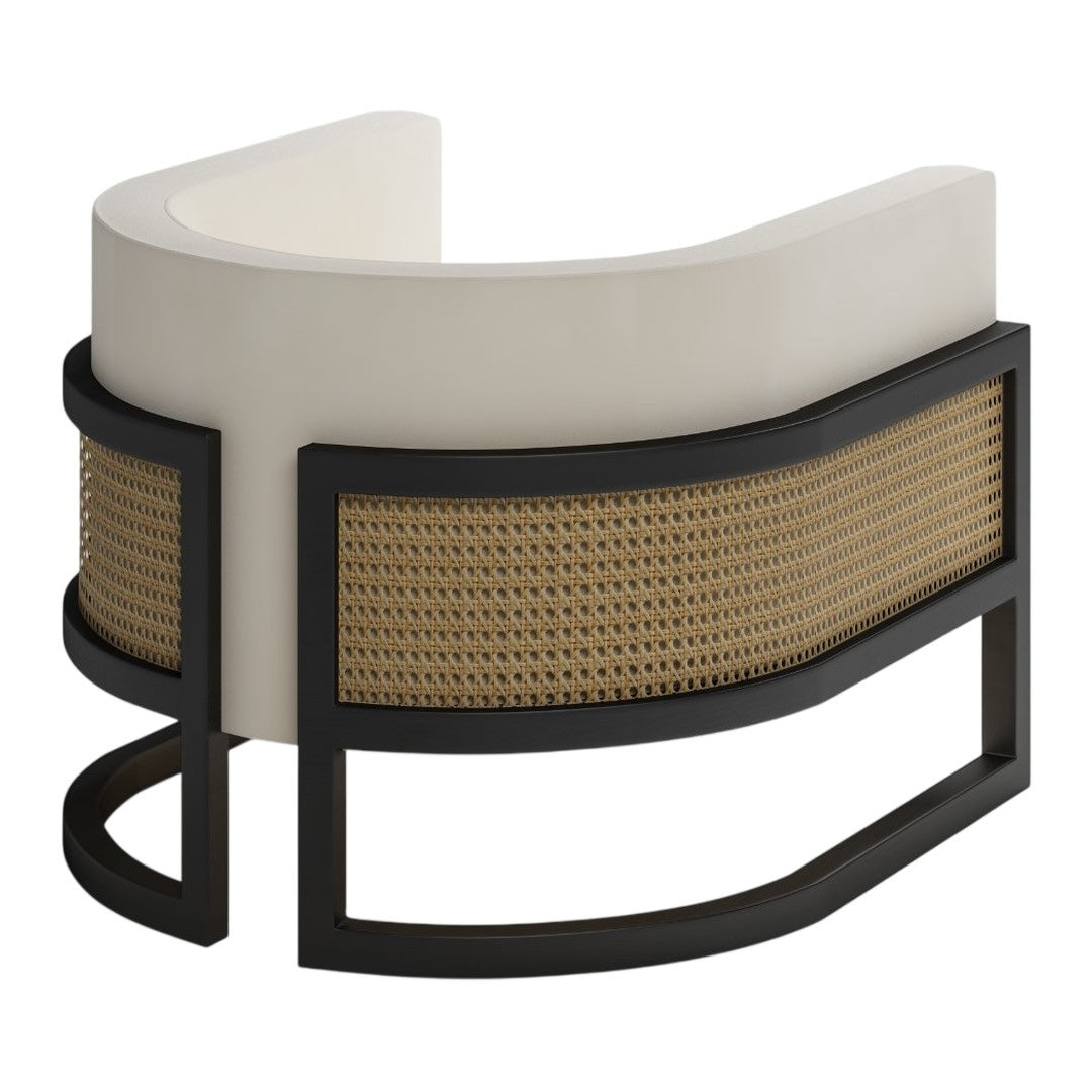 Curved cream and black accent table with woven cane pattern, adding a touch of modern elegance to any space.