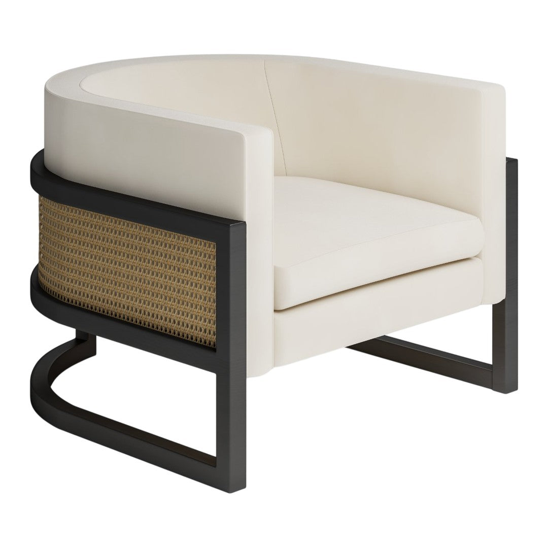 Modern cream-colored armchair with a sleek black frame and woven natural fiber accents. Elegant and contemporary design.