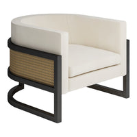 Modern cream-colored armchair with a sleek black frame and woven natural fiber accents. Elegant and contemporary design.