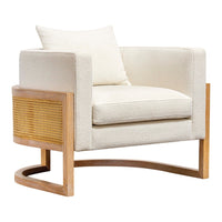 Cream upholstered armchair with a wood frame and woven rattan side panel for a modern, stylish touch.