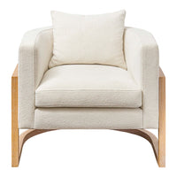 Cream upholstered armchair with a plush texture and light wooden legs, featuring a matching square cushion.