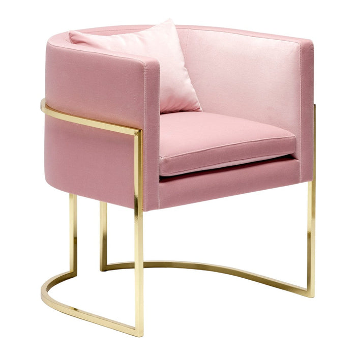 Pink velvet armchair with a gold metal frame and a matching cushion, featuring a sleek modern design.