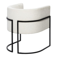 White curved chair with textured upholstery and sleek black metal frame, perfect for modern decor.
