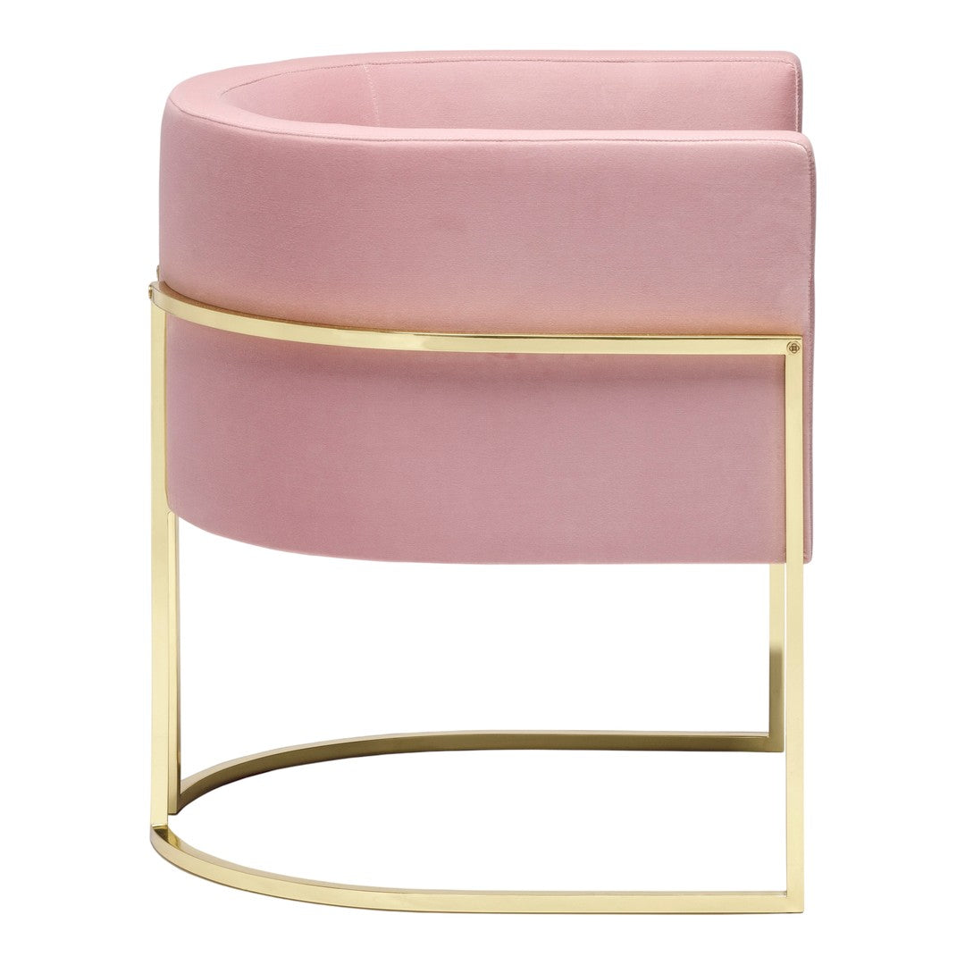 Soft pink velvet accent chair with a sleek gold metal base, featuring a modern, curved design.
