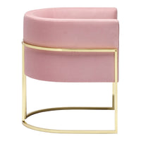 Soft pink velvet accent chair with a sleek gold metal base, featuring a modern, curved design.