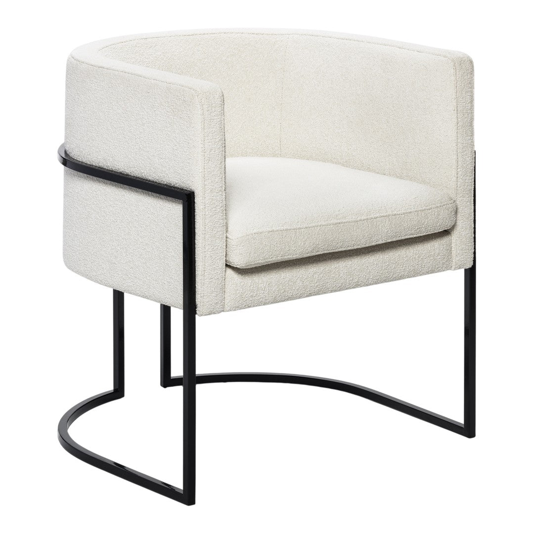 Cream upholstered accent chair with sleek black metal frame, featuring a minimalist design and smooth textures.