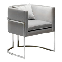 Modern gray velvet accent chair with a sleek silver frame, featuring a solid cushion and subtle textures.