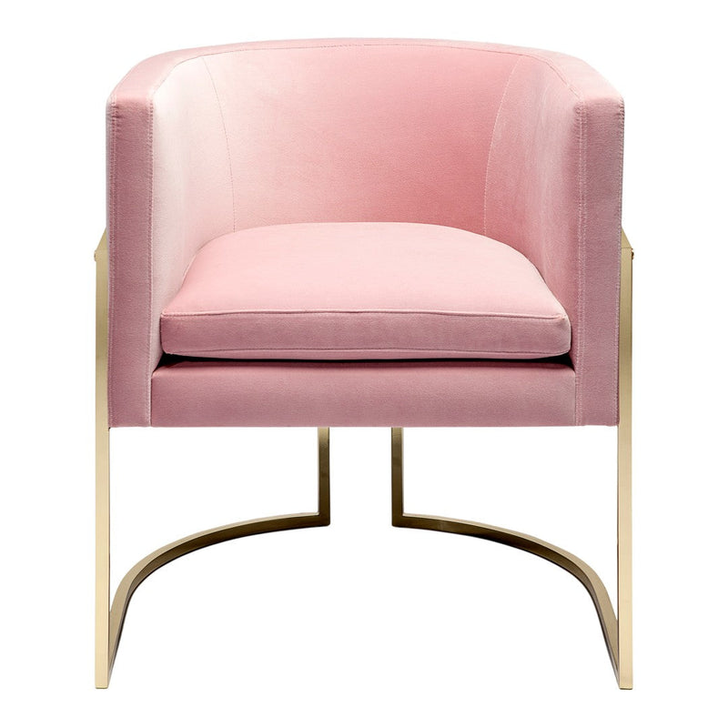 Pink velvet accent chair with a sleek gold metal frame, featuring a smooth, modern design and minimalistic style.