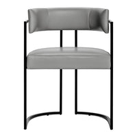 Gray upholstered chair with curved backrest and black metal frame, showcasing a modern, minimalist design.