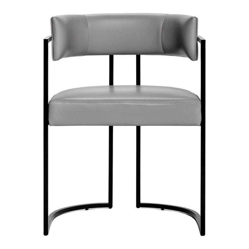 Gray upholstered chair with curved backrest and black metal frame, showcasing a modern, minimalist design.