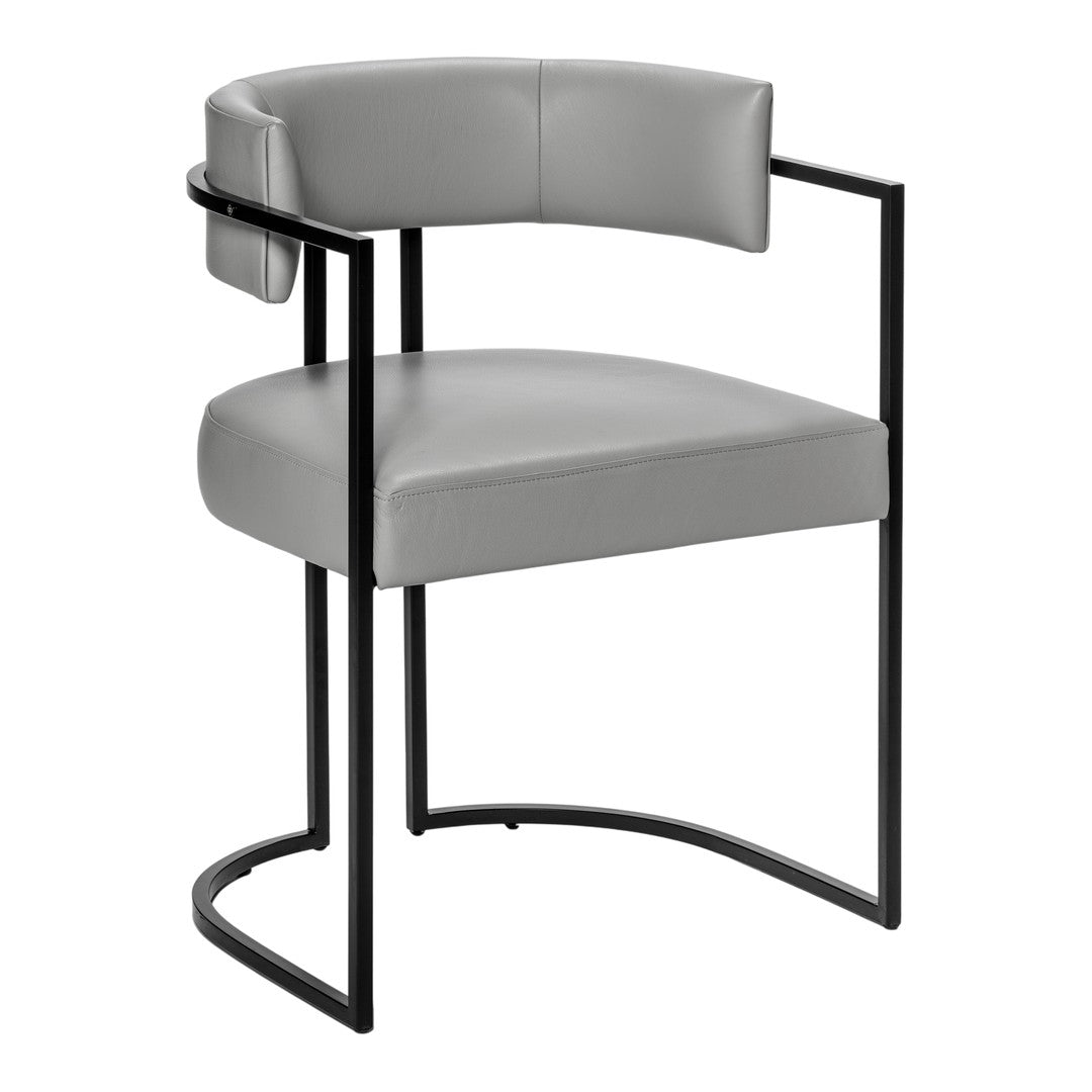 Stylish gray leather chair with a sleek black metal frame and a minimalist design. Perfect for modern decor.