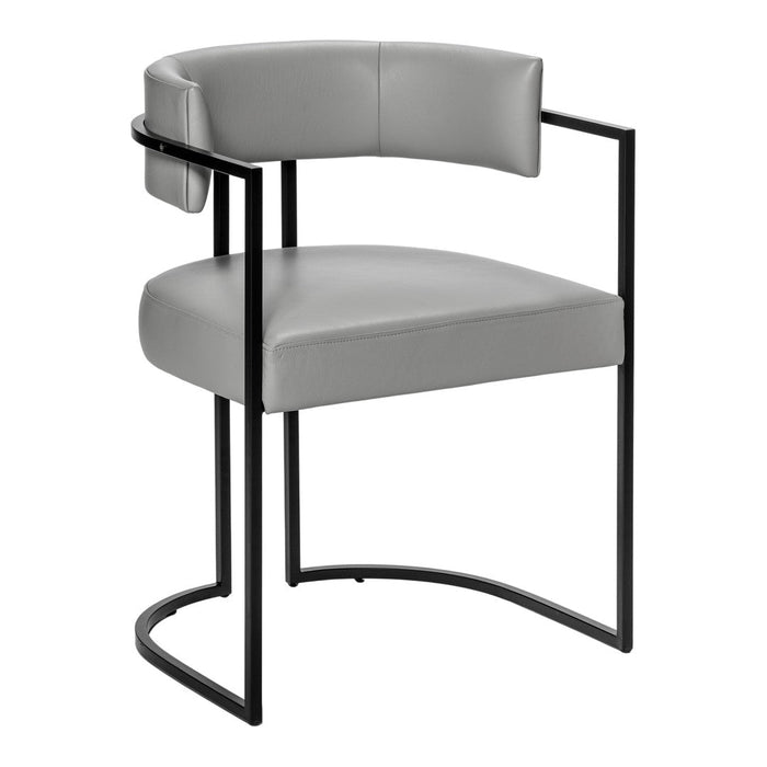 Stylish gray leather chair with a sleek black metal frame and a minimalist design. Perfect for modern decor.