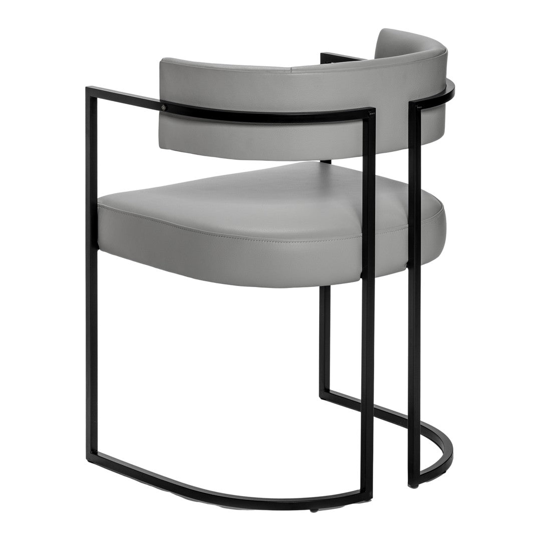 Gray upholstered chair with a sleek black metal frame and minimalist design, perfect for modern interiors.