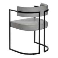 Gray upholstered chair with a sleek black metal frame and minimalist design, perfect for modern interiors.