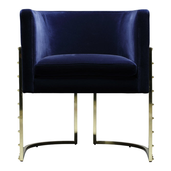 Navy blue velvet accent chair with a metallic gold base and sleek, modern design. Ideal for stylish interiors.