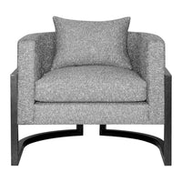 Gray upholstered armchair with a textured pattern and sleek black metal frame.