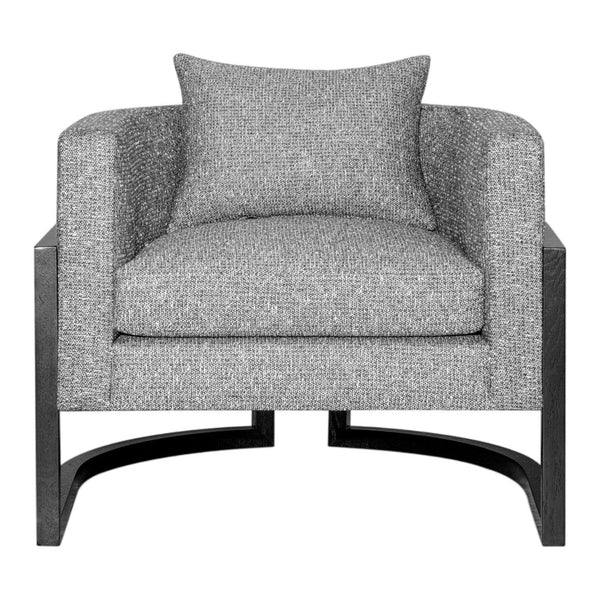 Gray upholstered armchair with a textured pattern and sleek black metal frame.