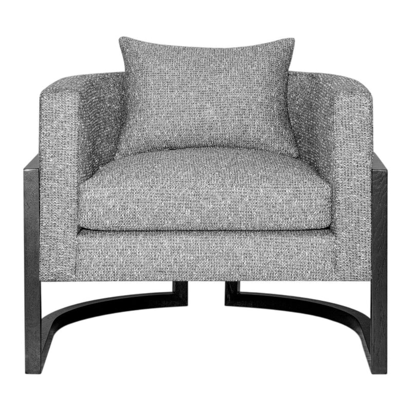 Gray upholstered armchair with a textured pattern and sleek black metal frame.