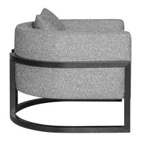 Curved gray fabric chair with a textured pattern and sleek black metal frame. Perfect for modern decor.