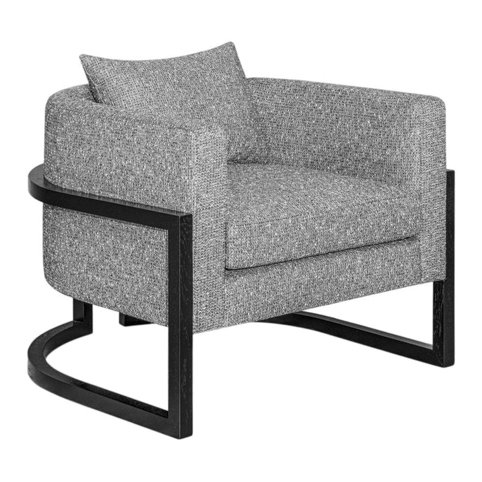 Gray upholstered armchair with a textured pattern and sleek black frame. Elegant and modern design for any space.