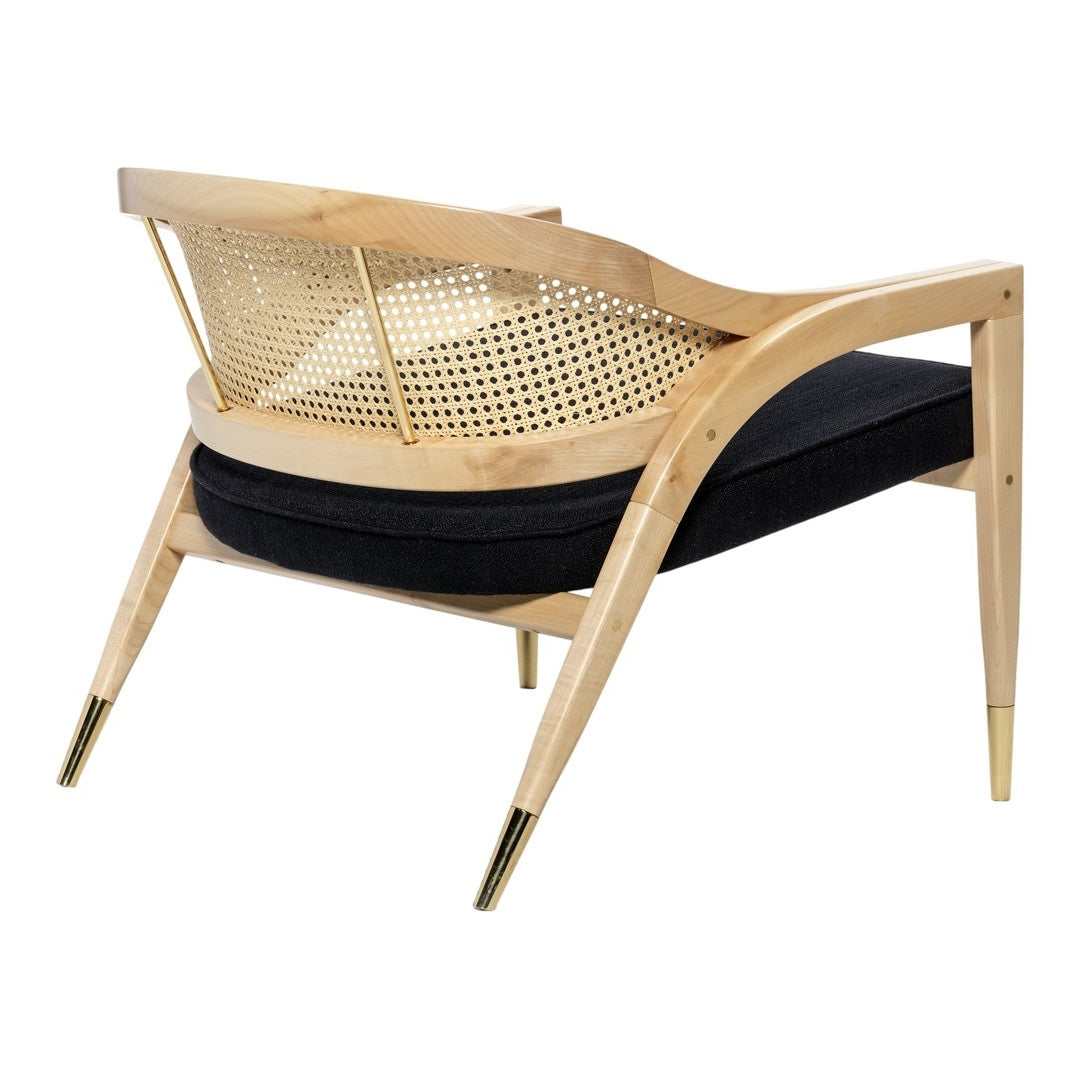 Natural wood frame with caning, black upholstery, and gold legs featuring a modern, minimalist design.