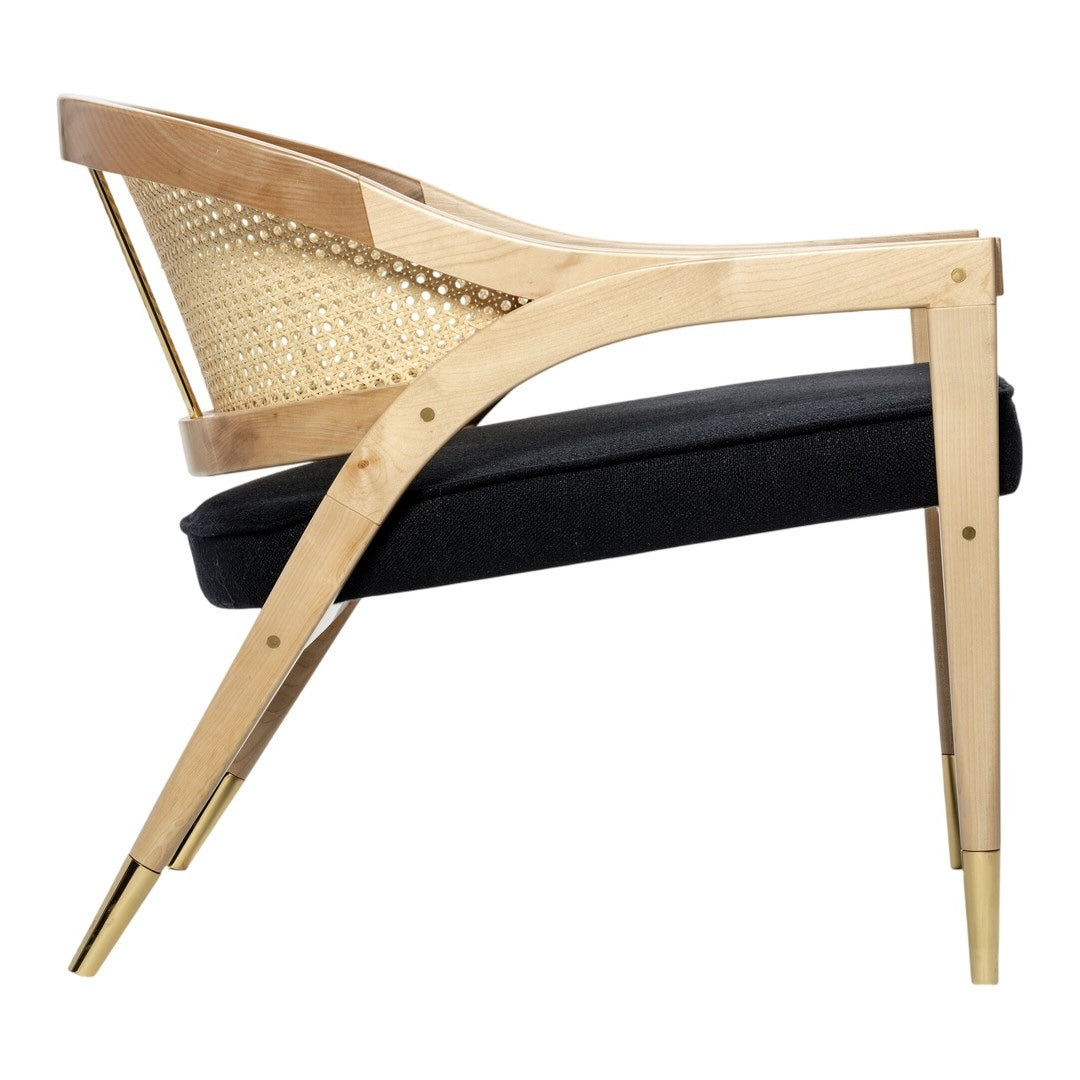 Light wood frame with natural cane back and black cushion, accented with gold legs for a modern, stylish look.