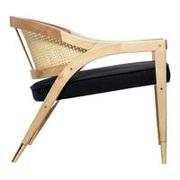 Light wood frame with natural cane back and black cushion, accented with gold legs for a modern, stylish look.