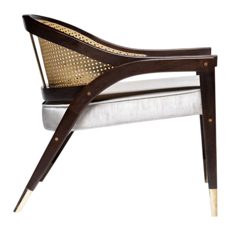 Elegant dark wood accent chair with natural cane backrest, gray upholstered seat, and gold-tone leg accents.