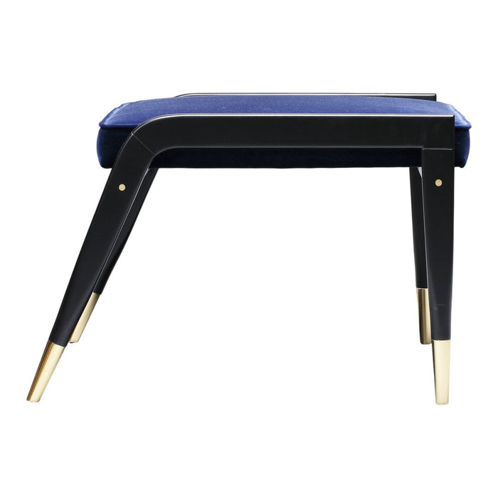 Black and gold accent chair with a luxurious blue velvet cushion, featuring a sleek, modern design.