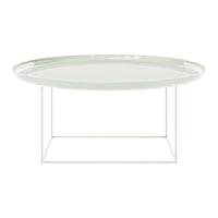 Light green oval coffee table with a glossy finish and minimalistic white metal frame. Elegant modern design.