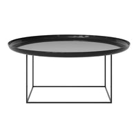 Black round coffee table with a sleek tray top and minimalistic geometric base. Ideal for modern decor.