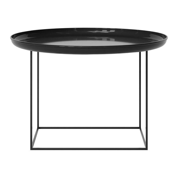 Black round tray table with a sleek, glossy finish and minimalist black metal base. Elegant and modern design.