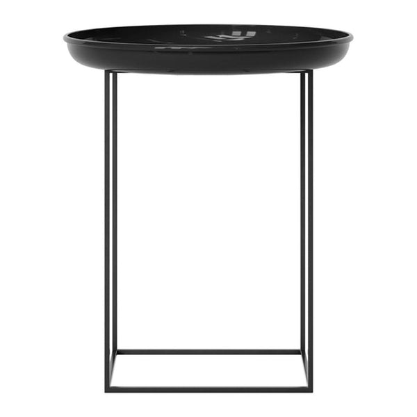 Black round tabletop with minimalist black metal base, featuring simple, sleek design. Ideal for modern decor.