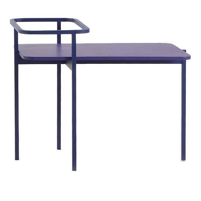 Purple and navy blue modern desk with a minimalist design and geometric shapes.