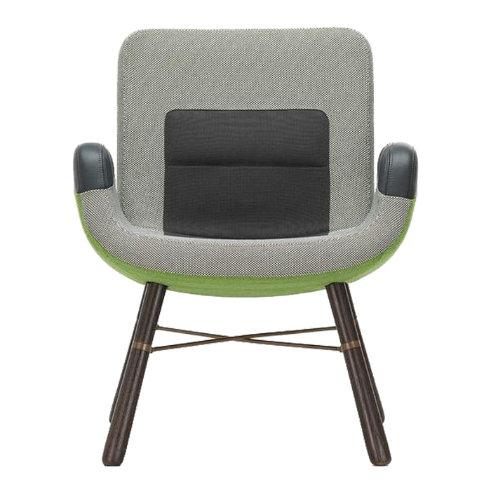 Gray chair with green accents and a black backrest, featuring a modern, minimalist design and wooden legs.