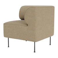 Beige upholstered chair with a minimalist design and black metal legs, featuring a seamless curved backrest.