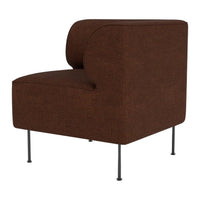 Brown upholstered chair with a modern, curved design and sleek black metal legs. Ideal for contemporary decor.