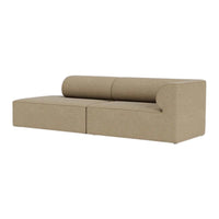 Beige upholstered sofa with a minimalist design and curved backrest. Smooth texture, perfect for modern decor.
