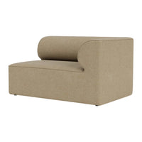 Beige upholstered loveseat with a smooth, minimalist design and curved arm. Perfect for modern decor.