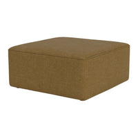 Square ottoman in a warm, earthy brown fabric, featuring a smooth texture and minimalist design.