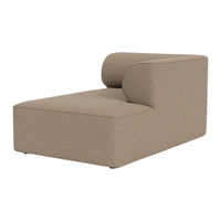 Gray upholstered chaise lounge with a minimalist design and smooth texture, featuring a rounded armrest.