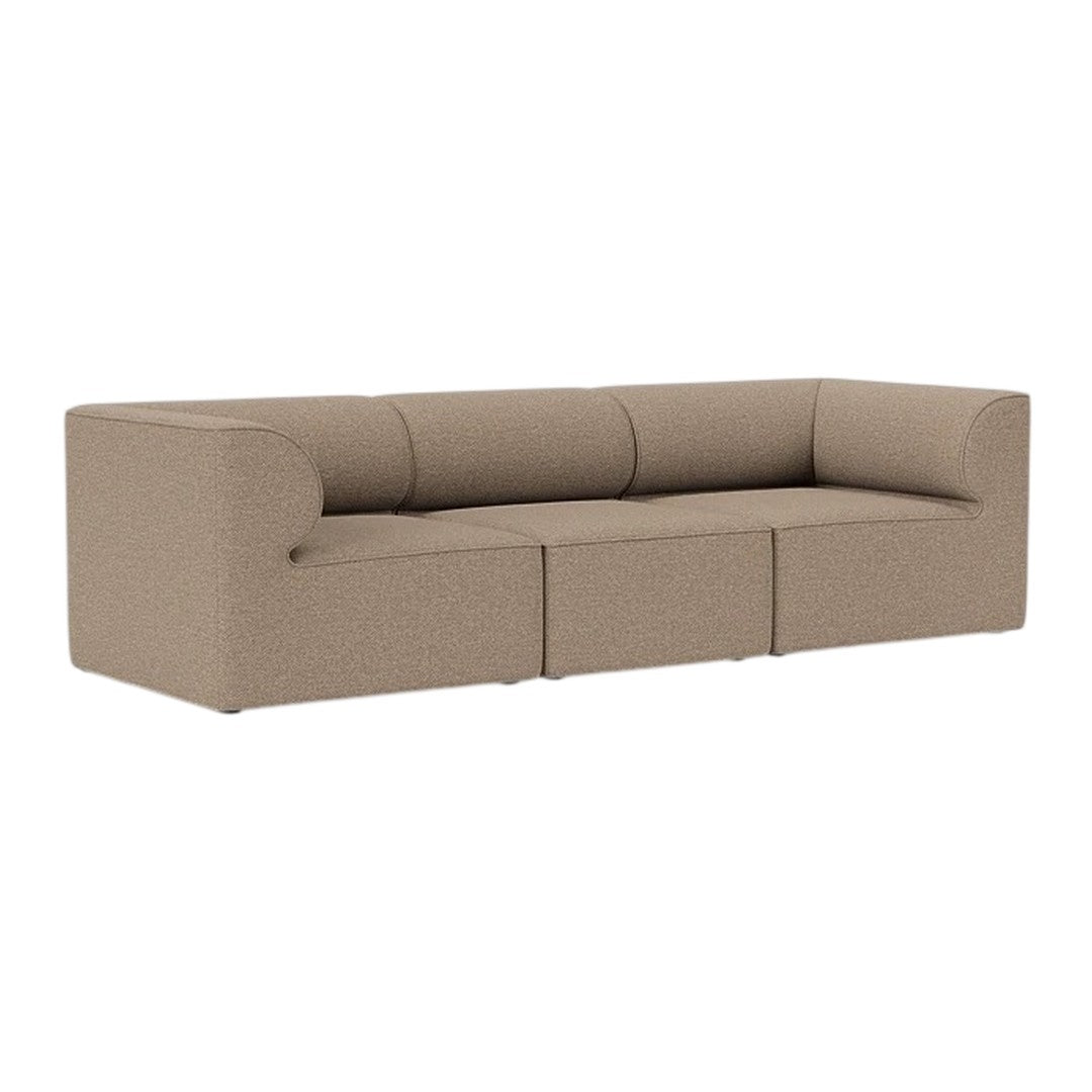 Beige upholstered sofa with a textured, minimalist design and rounded edges. Ideal for modern living spaces.