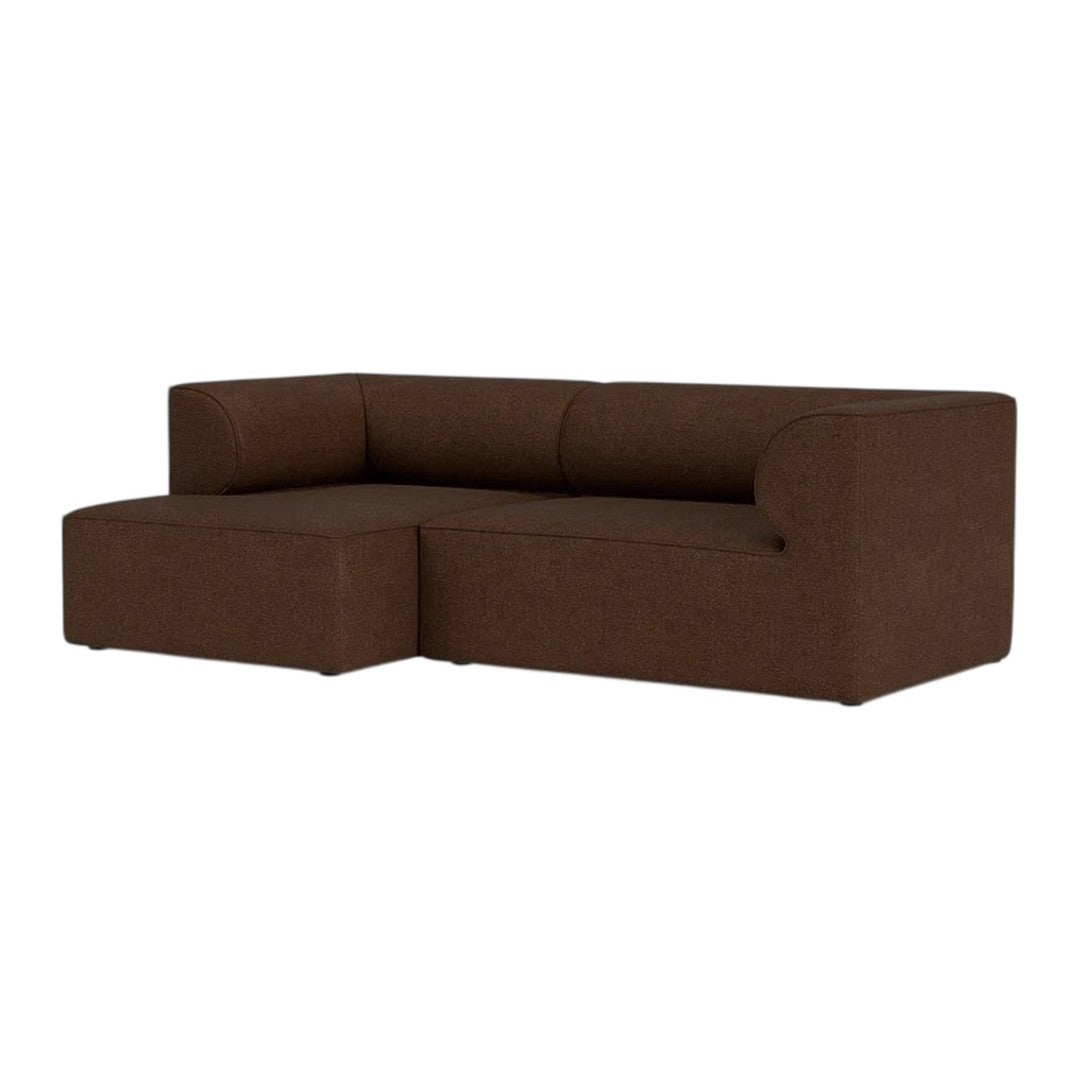 Brown L-shaped sectional sofa with a solid fabric pattern, featuring a minimalist design and comfortable seating.