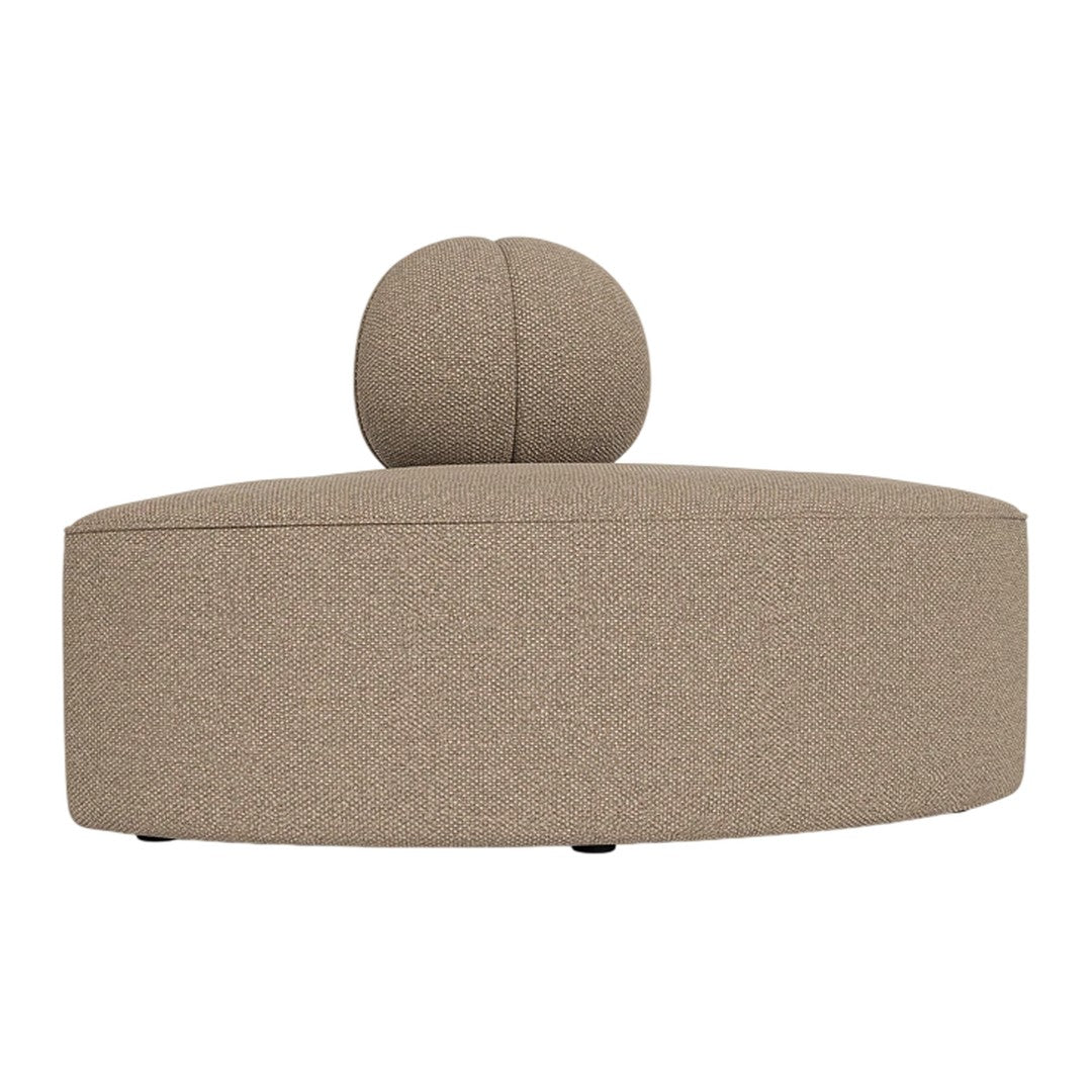 Beige textured ottoman with a round backrest, featuring a smooth, contemporary design. Perfect for modern decor.