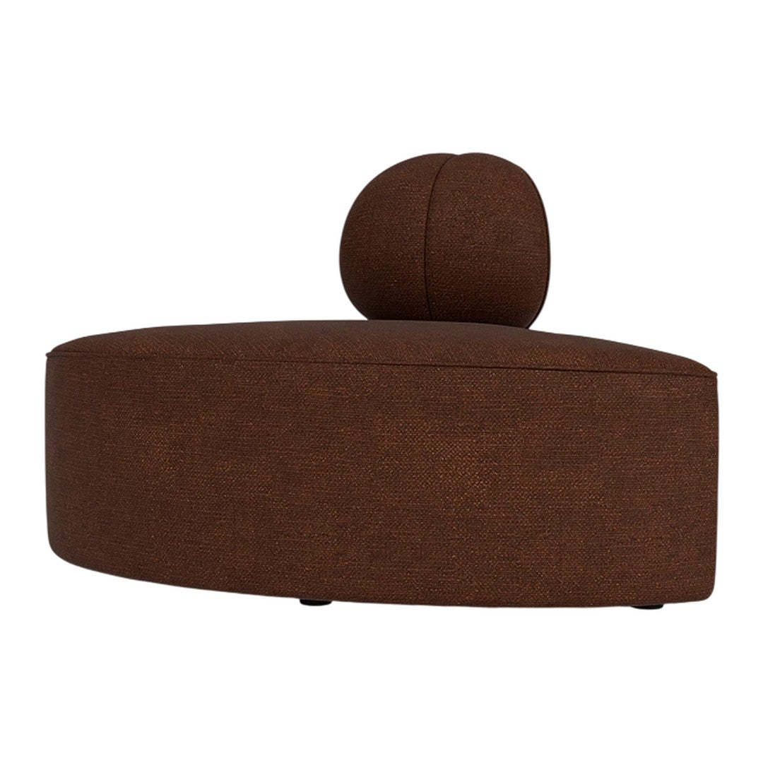 Brown upholstered modern chair with a rounded design and a matching spherical cushion. Soft texture and minimal pattern.