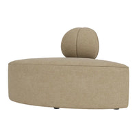 Beige rounded ottoman with a spherical accent, featuring a smooth, textured fabric for a modern look.