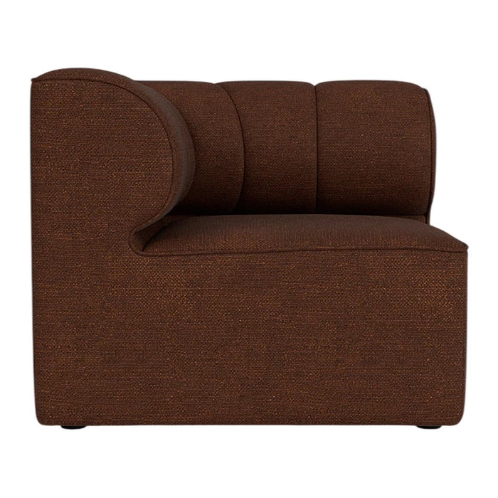 Brown upholstered chair with textured fabric and a curved armrest design, perfect for modern decor.