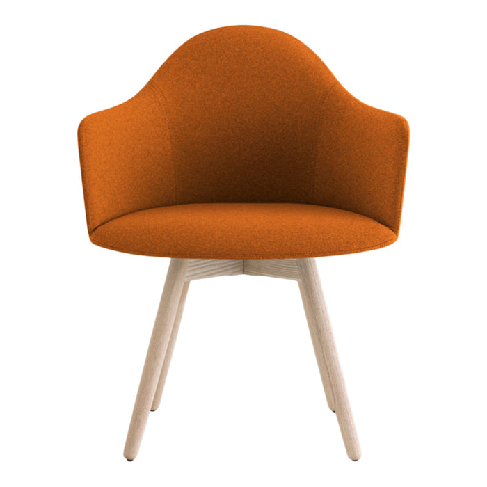 Orange upholstered chair with a smooth finish and natural wood legs, perfect for modern decor.