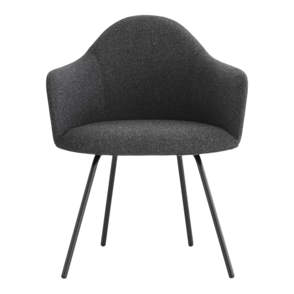 Gray upholstered chair with smooth contours and black metal legs, featuring a modern, minimalist design.